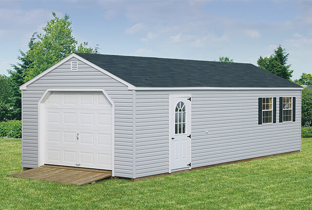 14'x24' Vinyl Garage Features 9'x7' Overhead Door, Ramp and an 11 Lite Door