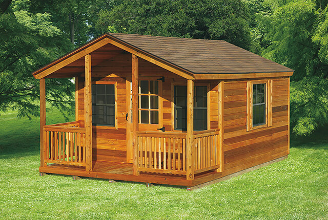 12'x16' Elite Cabin with 4'x12' Porch and 9 Lite Wood Door