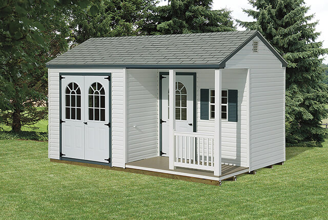 0'x14' Vinyl A-Frame with 4'x8' Porchl This Model Features 7' High Walls with 6'4” High Doors